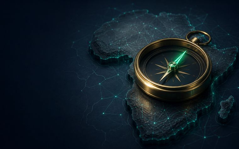 A brass compass resting on a dark relief of Africa, needle glowing green