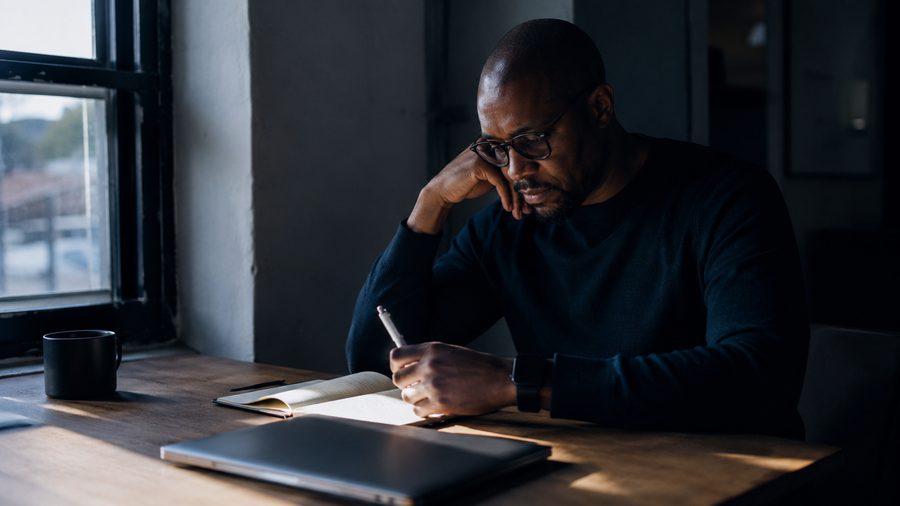 A professional journaling alone at a window desk