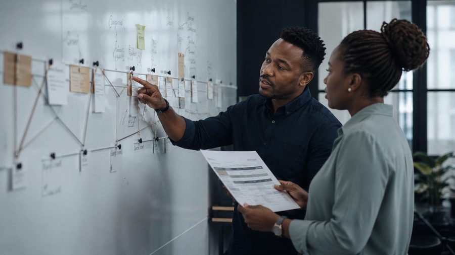 A project lead tracing a milestone timeline on a whiteboard wall