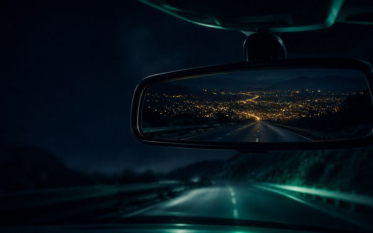 A rear-view mirror reflecting a road lit as a constellation
