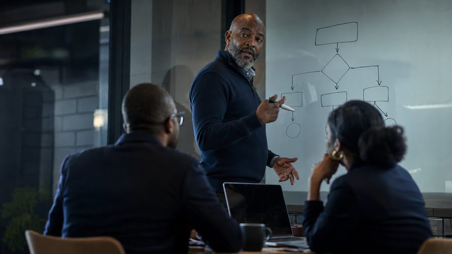 A senior leader walking colleagues through a decision tree