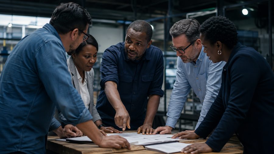First-line supervisors in a fast standing huddle around a plan